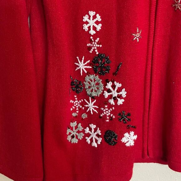 Allison Daley Women's Sweater Red Size M Long Sleeve Zip Christmas Snow Flakes - Picture 3 of 7